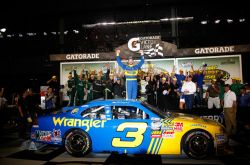 Dale Earnhardt Jr. gets out of his No. 3 Wrangler Chevrolet NASCAR Nationwide Series new car in Daytona International Speedway's Victory Lane Friday in Daytona Beach, Fla. Credit: Jerry Markland/Getty Images for NASCAR